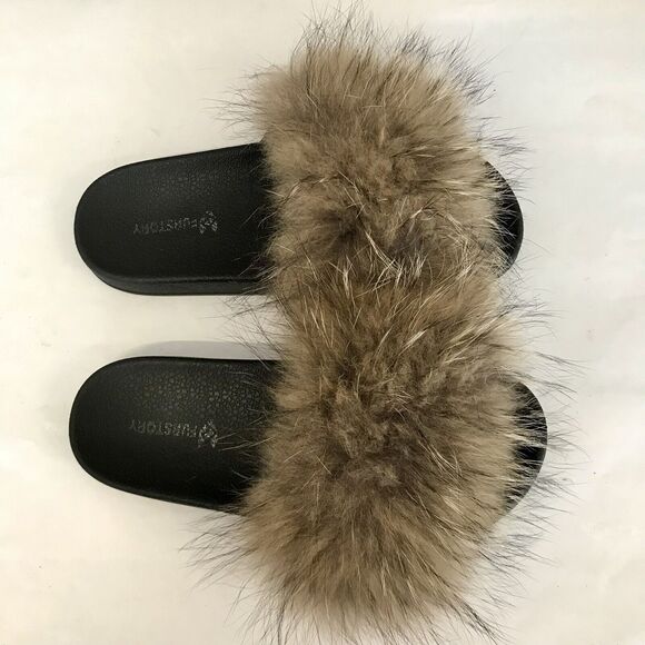 Fur Story Natural Brown Fox Fur & Black Slide Sandals Slippers EU 43.5 US 11 - Picture 7 of 12